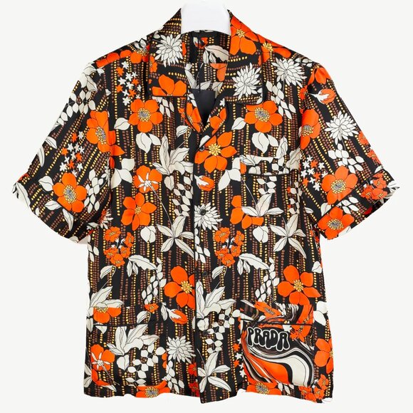 Prada Cruise 2019 Orange Silk Hawaiian Print Bowling Shirt - Picture 1 of 15